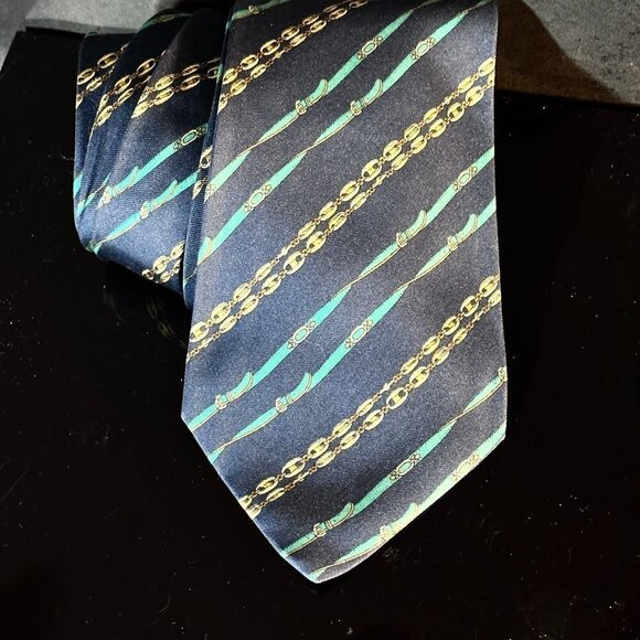 Gucci Logo Silk Tie Kelly Green Blue Striped Gold Link Chain Monogram Academia - Picture 1 of 7